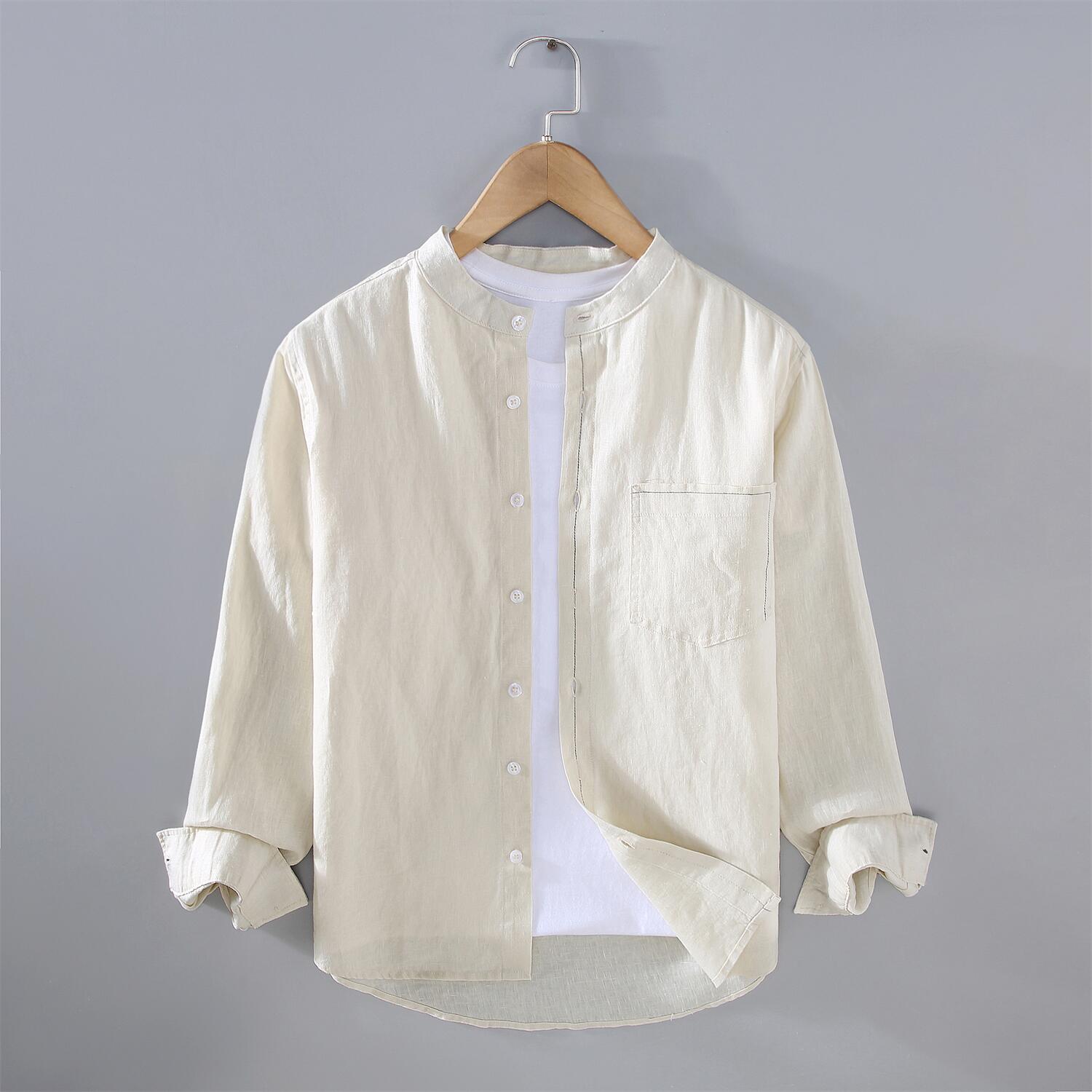 Pure Linen Long Sleeve Shirt - Stand Collar, Loose Fit