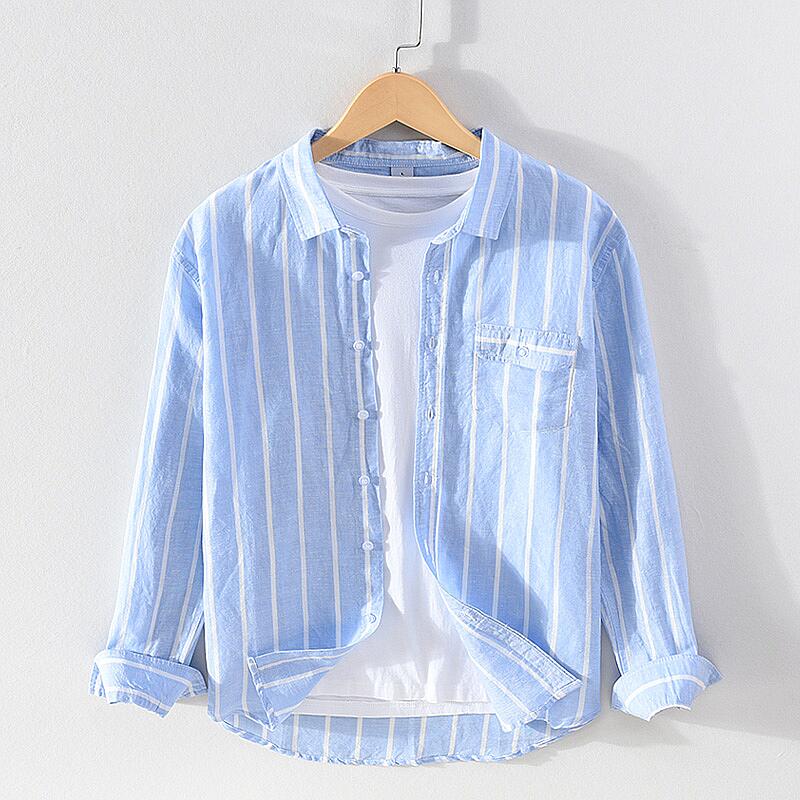 Striped Linen Long Sleeve Shirt - Casual Slim Fit