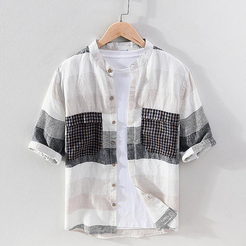 Striped Linen Shirt - Stand Collar, Half Sleeve