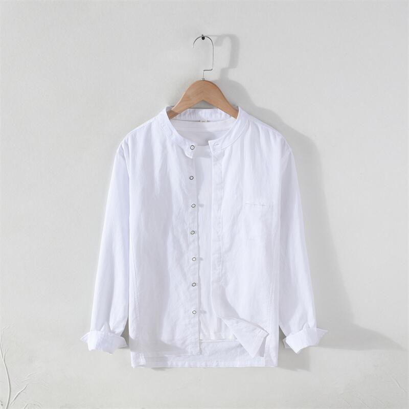 Cotton Linen Stand Collar Long Sleeve Shirt