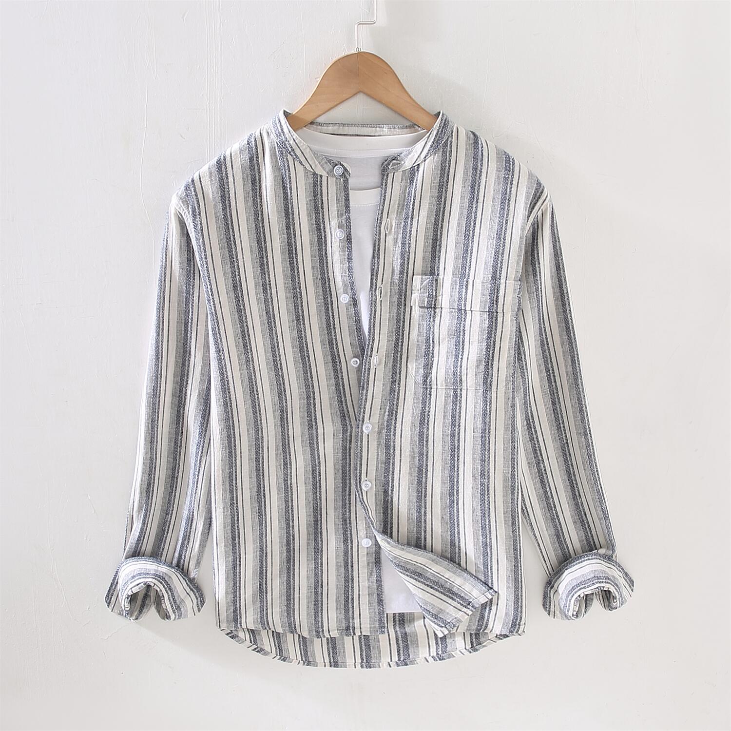 Striped Long Sleeve Shirt - Stand Collar, Slim Fit