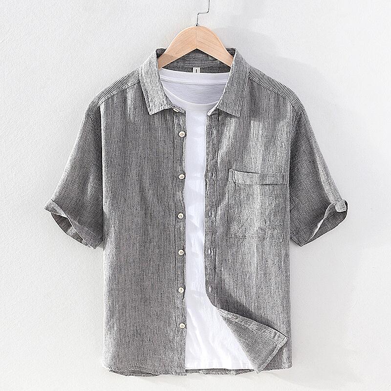Striped Short Sleeve Shirt - Square Collar, Cotton Linen