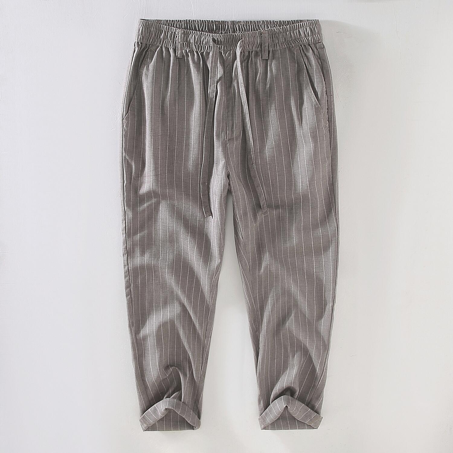 Linen Striped Drawstring Cropped Pants