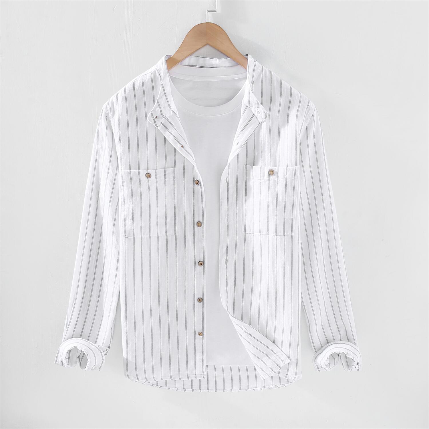 Striped Stand Collar Cotton Linen Shirt