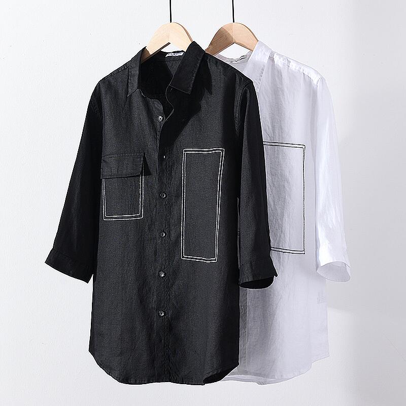 Loose Fit Linen Shirt - 3/4 Sleeve, Embroidered