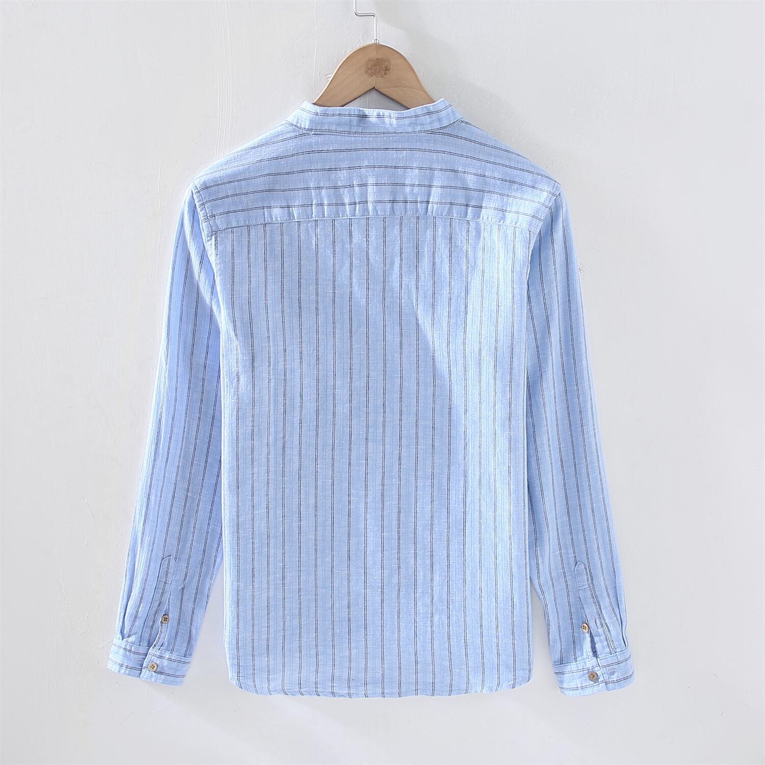 Striped Stand Collar Cotton Linen Shirt