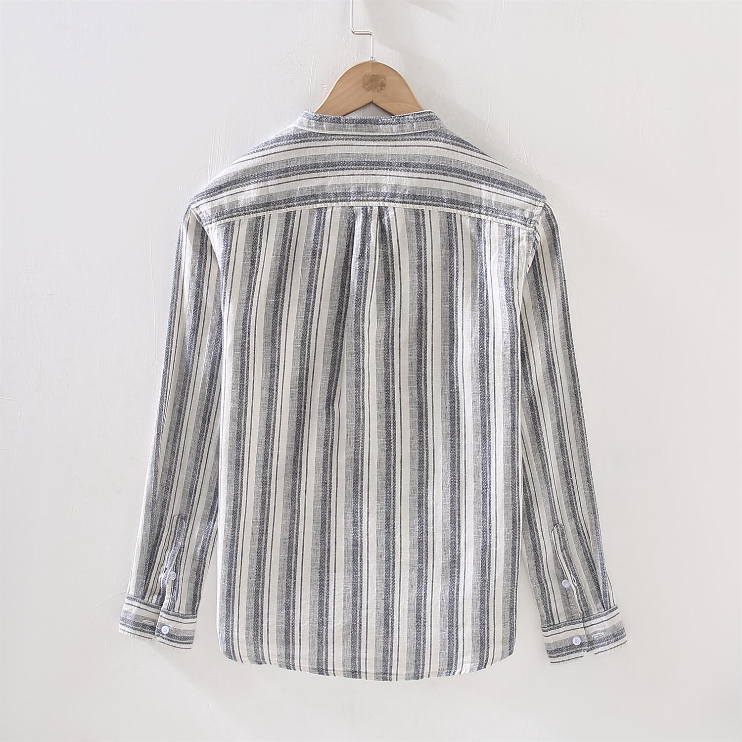 Striped Long Sleeve Shirt - Stand Collar, Slim Fit