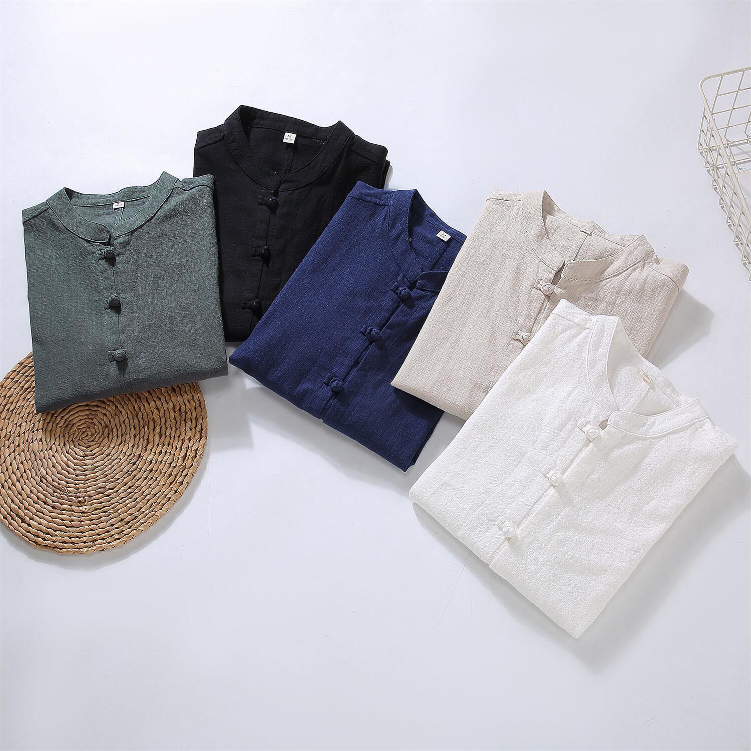 Vintage Loose Fit Linen Shirt - Stand Collar